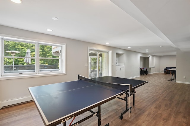 64 Lambert Rdg, Cross River, NY 10518 - playroom with wood finished floors, a baseboard radiator, and recessed lighting