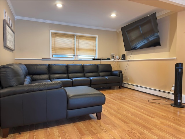 5 Sabrina Ln, Ossining, NY 10562 - living area featuring baseboard heating, wood finished floors, crown molding, and recessed lighting