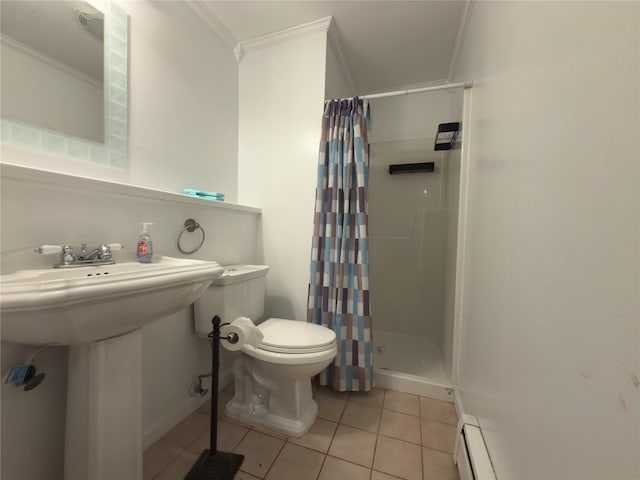5 Sabrina Ln, Ossining, NY 10562 - full bath with ornamental molding, tile patterned flooring, a stall shower, and a baseboard heating unit
