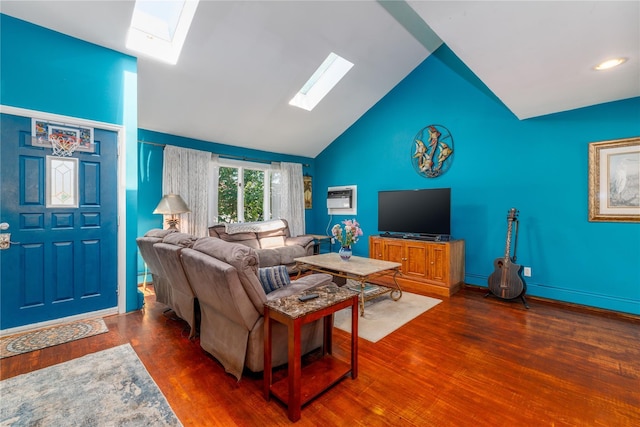 3706 Regent Ln, Wantagh, NY 11793 - living area with a skylight, wood finished floors, a wall mounted AC, and high vaulted ceiling