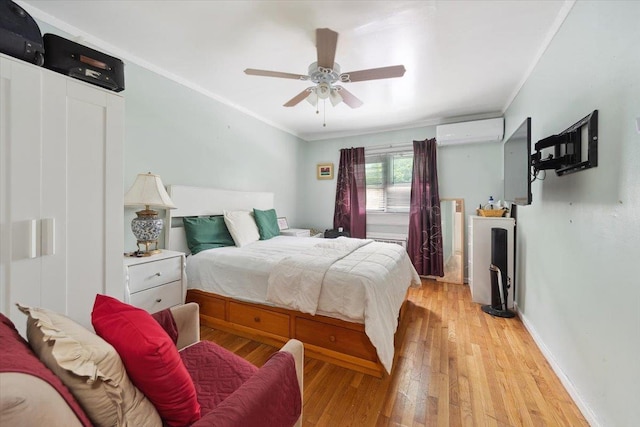 710 E 213th St, Bronx, NY 10467 - bedroom with a wall mounted air conditioner, light wood-type flooring, ornamental molding, and a ceiling fan