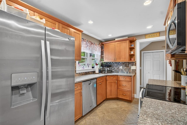 5776 Albany Post Rd, Cortlandt Manor, NY 10567 - kitchen featuring stainless steel appliances, open shelves, light tile patterned floors, tasteful backsplash, and light stone counters