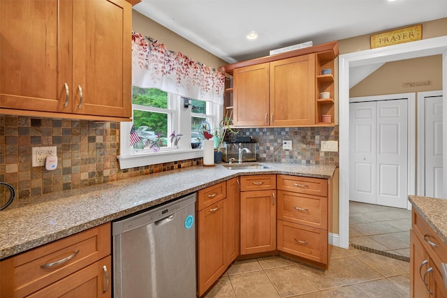5776 Albany Post Rd, Cortlandt Manor, NY 10567 - kitchen featuring dishwasher, open shelves, light tile patterned flooring, brown cabinets, and decorative backsplash