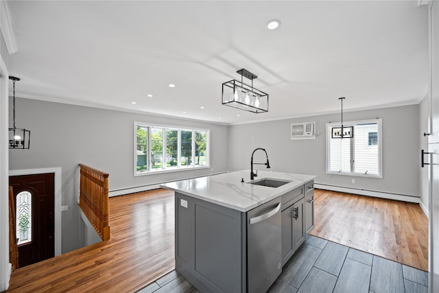 11 Trescott St, Dix Hills, NY 11746 - kitchen featuring stainless steel dishwasher, a baseboard heating unit, gray cabinets, wood finished floors, and ornamental molding