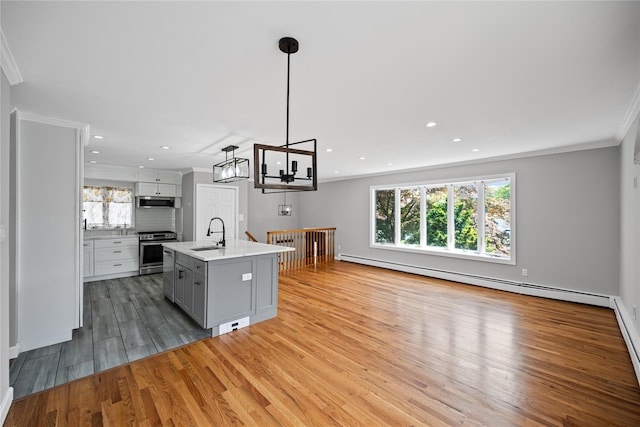 11 Trescott St, Dix Hills, NY 11746 - kitchen with appliances with stainless steel finishes, a baseboard radiator, ornamental molding, light countertops, and light wood finished floors