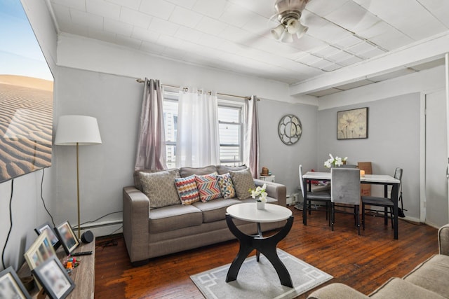 9406 76th St, Ozone Park, NY 11416 - living room with a ceiling fan, hardwood / wood-style floors, and a baseboard radiator