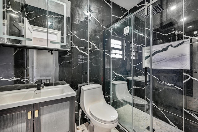 108 Bismark Ave, Valley Stream, NY 11581 - bathroom with vanity, a marble finish shower, and tile walls