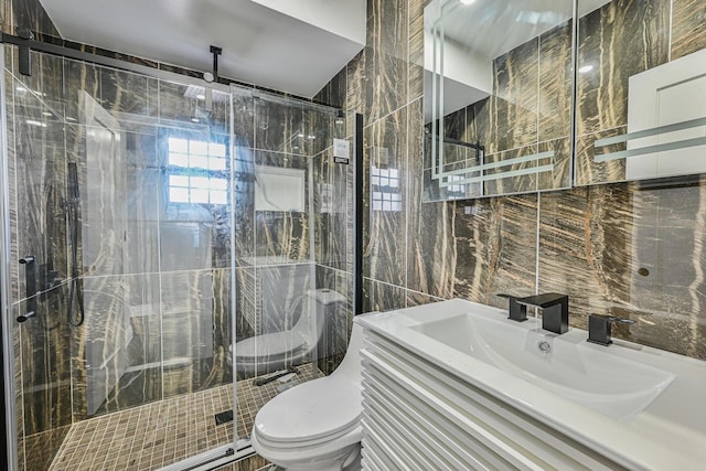 108 Bismark Ave, Valley Stream, NY 11581 - bathroom featuring tile walls, vanity, and a stall shower
