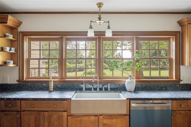 797 Western Rd, Call Listing Agent, NY 12033 - kitchen with stainless steel dishwasher, healthy amount of natural light, open shelves, and dark stone counters