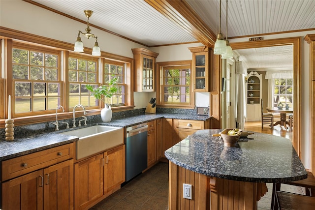 797 Western Rd, Call Listing Agent, NY 12033 - kitchen with dishwasher, a breakfast bar, brown cabinets, pendant lighting, and ornamental molding