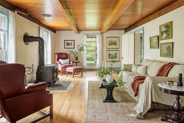 797 Western Rd, Call Listing Agent, NY 12033 - living area with a wood stove, a wood ceiling with exposed beams, and hardwood / wood-style flooring