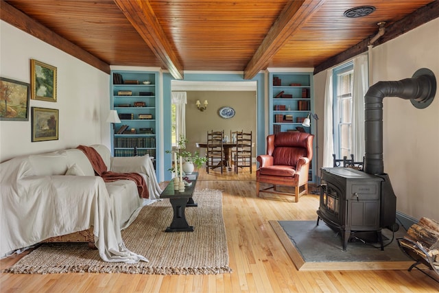 797 Western Rd, Call Listing Agent, NY 12033 - living area with a wooden ceiling with exposed beams, a wood stove, hardwood / wood-style flooring, and built in shelves