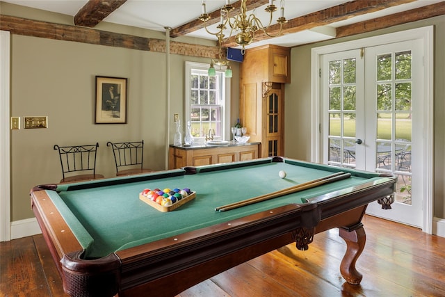 797 Western Rd, Call Listing Agent, NY 12033 - playroom featuring pool table, beamed ceiling, dark wood-style flooring, and french doors