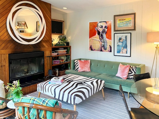 457 Fire Island Blvd, Fire Island Pines, NY 11782 - carpeted living room with a fireplace