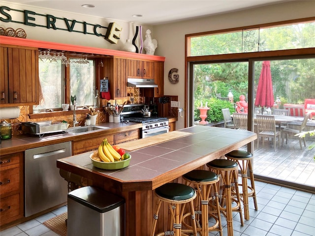 457 Fire Island Blvd, Fire Island Pines, NY 11782 - kitchen featuring appliances with stainless steel finishes, tile counters, under cabinet range hood, light tile patterned flooring, and brown cabinets