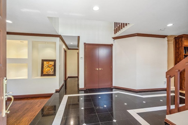 43 Hunt Dr, Jericho, NY 11753 - foyer entrance with granite tiled floors, ornamental molding, and recessed lighting
