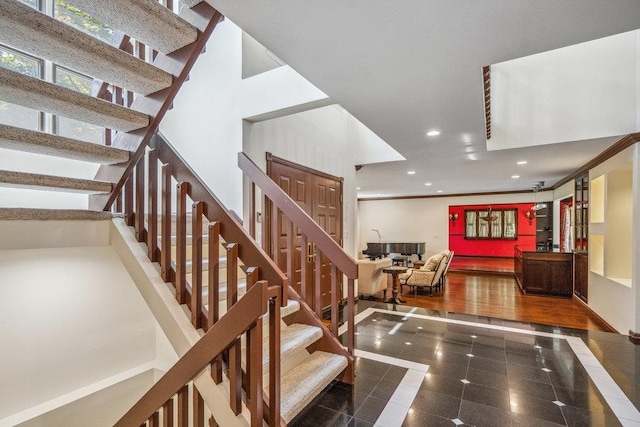 43 Hunt Dr, Jericho, NY 11753 - stairway featuring granite tiled floors and recessed lighting