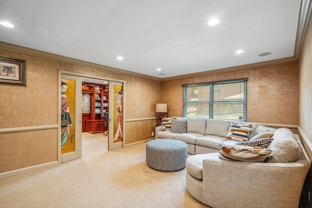 43 Hunt Dr, Jericho, NY 11753 - carpeted living room with crown molding and recessed lighting