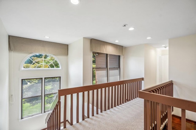 43 Hunt Dr, Jericho, NY 11753 - hall featuring an upstairs landing, recessed lighting, and carpet floors
