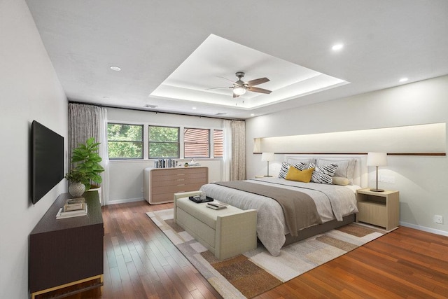 43 Hunt Dr, Jericho, NY 11753 - bedroom featuring wood-type flooring, a raised ceiling, ceiling fan, and recessed lighting