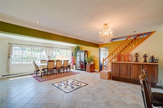 20 Basket Ln, Hicksville, NY 11801 - dining space featuring a chandelier, crown molding, stairway, recessed lighting, and a baseboard radiator