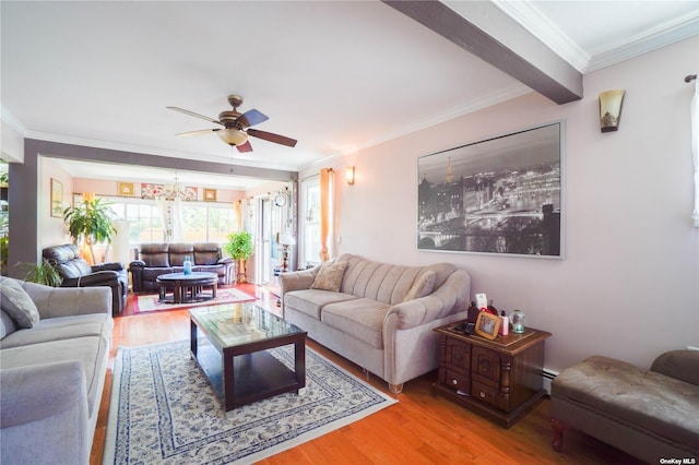 20 Basket Ln, Hicksville, NY 11801 - living area featuring a ceiling fan, light wood-style floors, ornamental molding, and baseboard heating