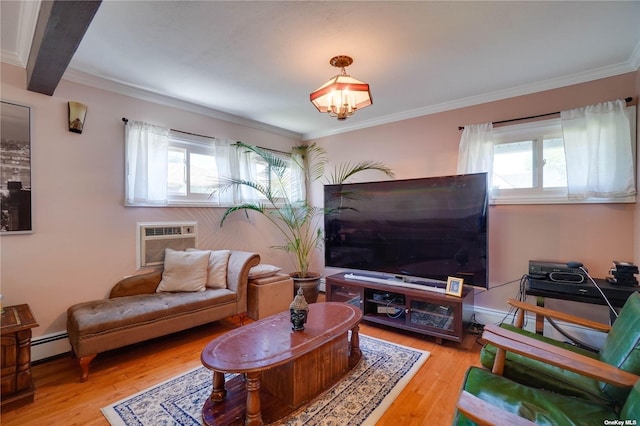 20 Basket Ln, Hicksville, NY 11801 - living area featuring wood finished floors, ornamental molding, a wall mounted AC, and baseboard heating