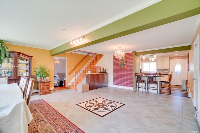 20 Basket Ln, Hicksville, NY 11801 - dining area with stairway, a chandelier, a baseboard radiator, and crown molding