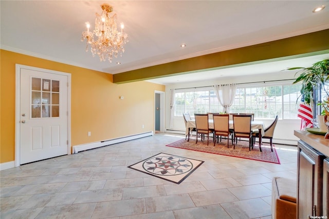 20 Basket Ln, Hicksville, NY 11801 - dining space featuring a baseboard heating unit, a chandelier, crown molding, baseboard heating, and recessed lighting