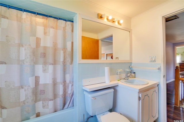 20 Basket Ln, Hicksville, NY 11801 - full bath with vanity, ornamental molding, tile walls, shower / tub combo with curtain, and decorative backsplash