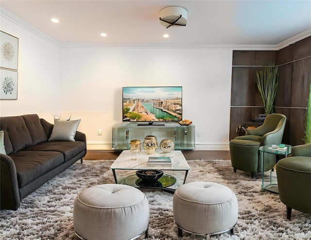 16107 90th St, Howard Beach, NY 11414 - living room with ornamental molding, wood finished floors, and recessed lighting