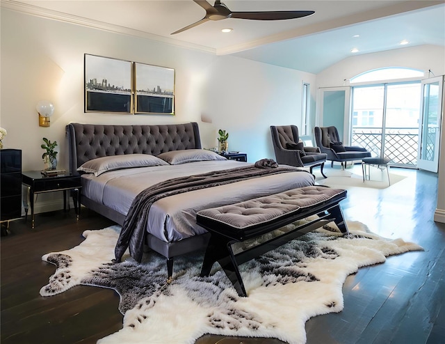 16107 90th St, Howard Beach, NY 11414 - bedroom with wood finished floors, recessed lighting, vaulted ceiling, a ceiling fan, and ornamental molding