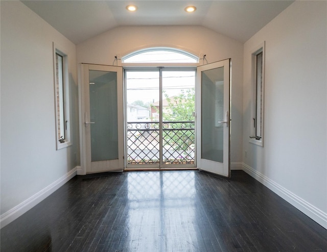 16107 90th St, Howard Beach, NY 11414 - unfurnished room featuring vaulted ceiling, dark wood-style flooring, and recessed lighting