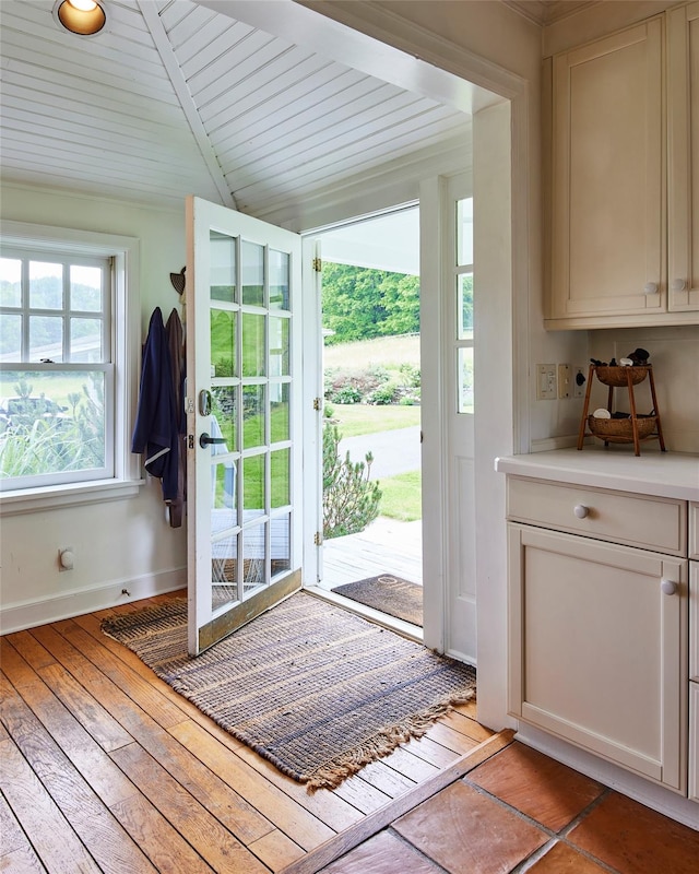 54 Davis Ln, Grahamsville, NY 12740 - entryway featuring vaulted ceiling, light wood-style floors, and wooden ceiling