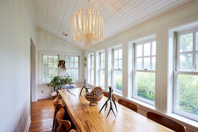 54 Davis Ln, Grahamsville, NY 12740 - dining space featuring a chandelier, hardwood / wood-style flooring, and wood ceiling