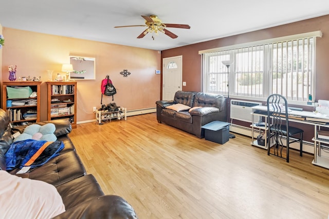 18 Happy Acres Dr, Shirley, NY 11967 - living room featuring wood finished floors, a ceiling fan, a wall unit AC, and baseboard heating