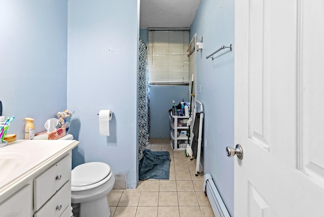 18 Happy Acres Dr, Shirley, NY 11967 - full bath featuring baseboard heating, vanity, tile patterned floors, and curtained shower