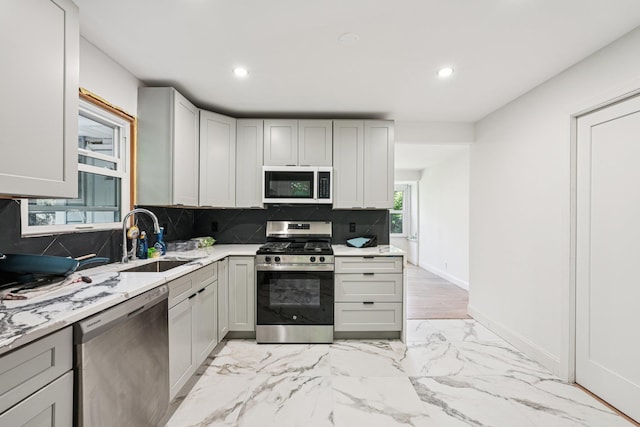 1 Whippoorwill Trl, Monroe, NY 10950 - kitchen featuring appliances with stainless steel finishes, light marble finish flooring, backsplash, recessed lighting, and gray cabinetry