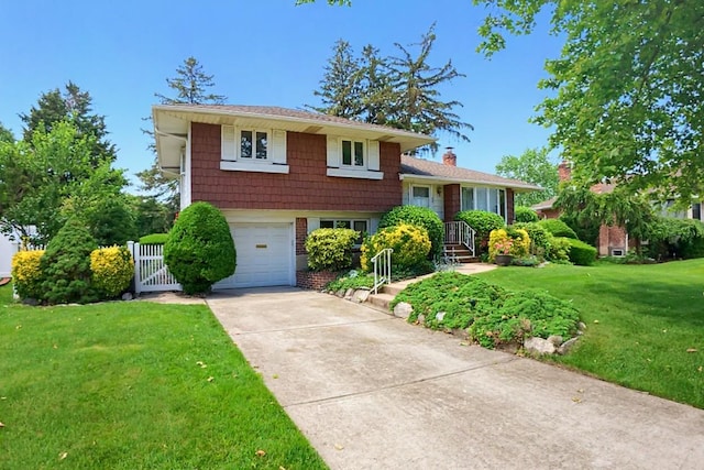 15 Lane Ave, Plainview, NY 11803 - split level home with driveway, a front lawn, a garage, and a chimney