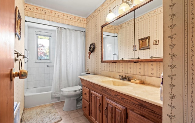15 Lane Ave, Plainview, NY 11803 - full bathroom with wallpapered walls, vanity, tile patterned flooring, and shower / tub combo