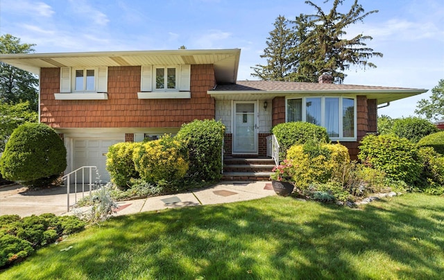 15 Lane Ave, Plainview, NY 11803 - tri-level home featuring a garage, a chimney, driveway, and a front lawn