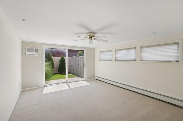 19 Evelyn Rd, Plainview, NY 11803 - empty room with a baseboard heating unit, crown molding, ceiling fan, a wall mounted air conditioner, and carpet floors