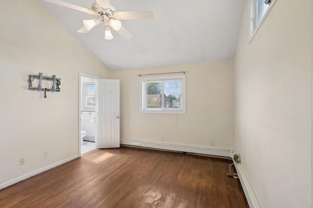 19 Evelyn Rd, Plainview, NY 11803 - empty room featuring a baseboard radiator, wood finished floors, lofted ceiling, and a ceiling fan