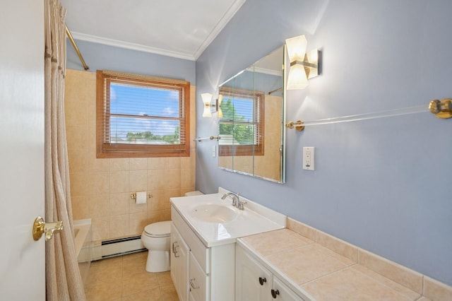 19 Evelyn Rd, Plainview, NY 11803 - bathroom featuring vanity, a baseboard heating unit, tile patterned flooring, shower / bath combo with shower curtain, and ornamental molding