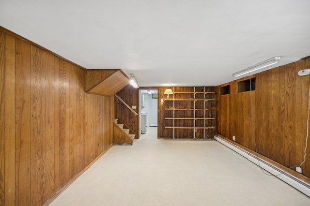 19 Evelyn Rd, Plainview, NY 11803 - finished basement featuring wood walls, baseboard heating, built in shelves, and stairs
