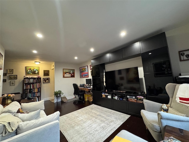 33-27 91st St Unit 5F, Jackson Heights, NY 11372 - living area featuring dark wood finished floors, recessed lighting, and a desk