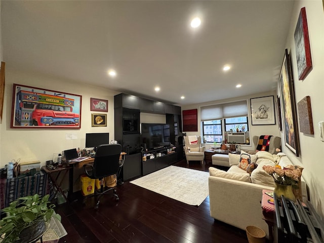 33-27 91st St Unit 5F, Jackson Heights, NY 11372 - living area featuring dark wood finished floors, a desk, recessed lighting, and cooling unit