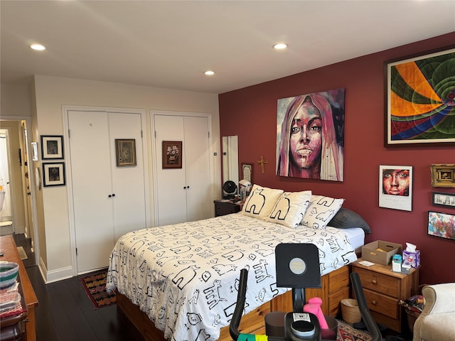 33-27 91st St Unit 5F, Jackson Heights, NY 11372 - bedroom featuring multiple closets, dark wood-style floors, and recessed lighting