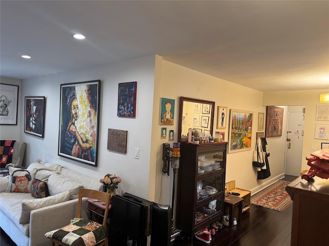 33-27 91st St Unit 5F, Jackson Heights, NY 11372 - living area featuring dark wood-style flooring and recessed lighting