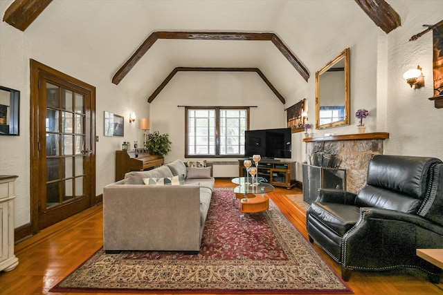 32-15 149th St, Flushing, NY 11354 - living area featuring a textured wall, high vaulted ceiling, radiator heating unit, and parquet flooring